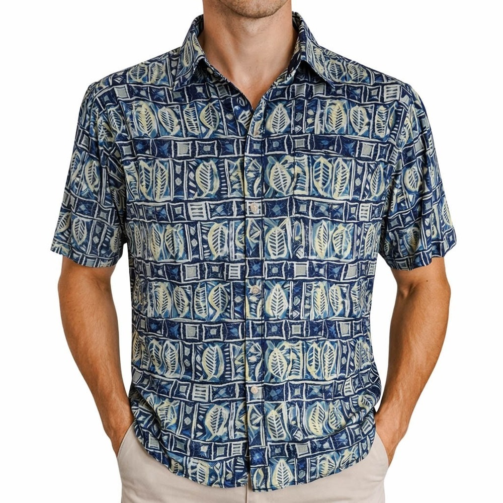 Campia Moda Hawaiian Aloha Shirt Small Floral‎ Tribal Blue Green White